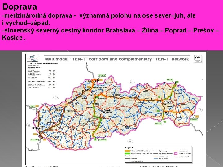 Doprava -medzinárodná doprava - významná polohu na ose sever–juh, ale i východ–západ. -slovenský severný
