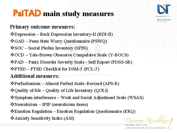 Psi. TAD main study measures Primary outcome measures: v Depression – Beck Depression Inventory-II