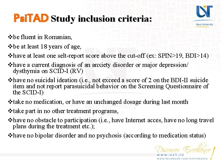 Psi. TAD Study inclusion criteria: vbe fluent in Romanian, vbe at least 18 years