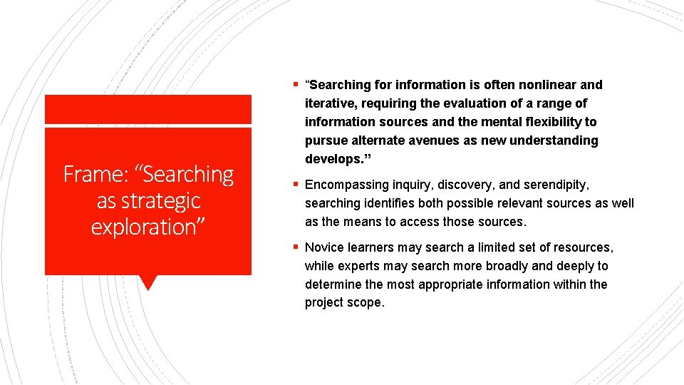 § “Searching for information is often nonlinear and Frame: “Searching as strategic exploration” iterative,