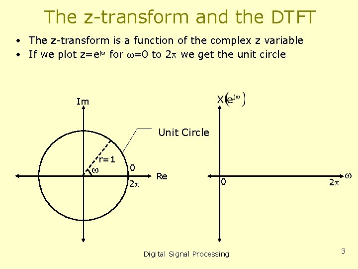 The z-transform and the DTFT • The z-transform is a function of the complex