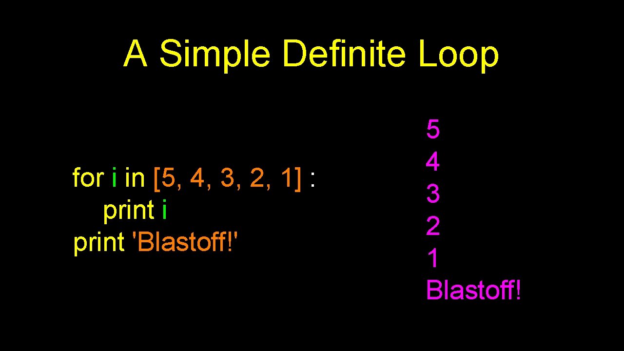 A Simple Definite Loop for i in [5, 4, 3, 2, 1] : print