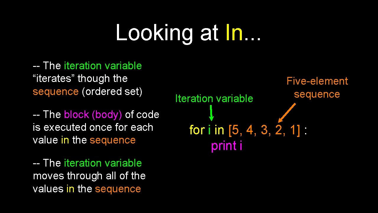 Looking at In. . . -- The iteration variable “iterates” though the sequence (ordered