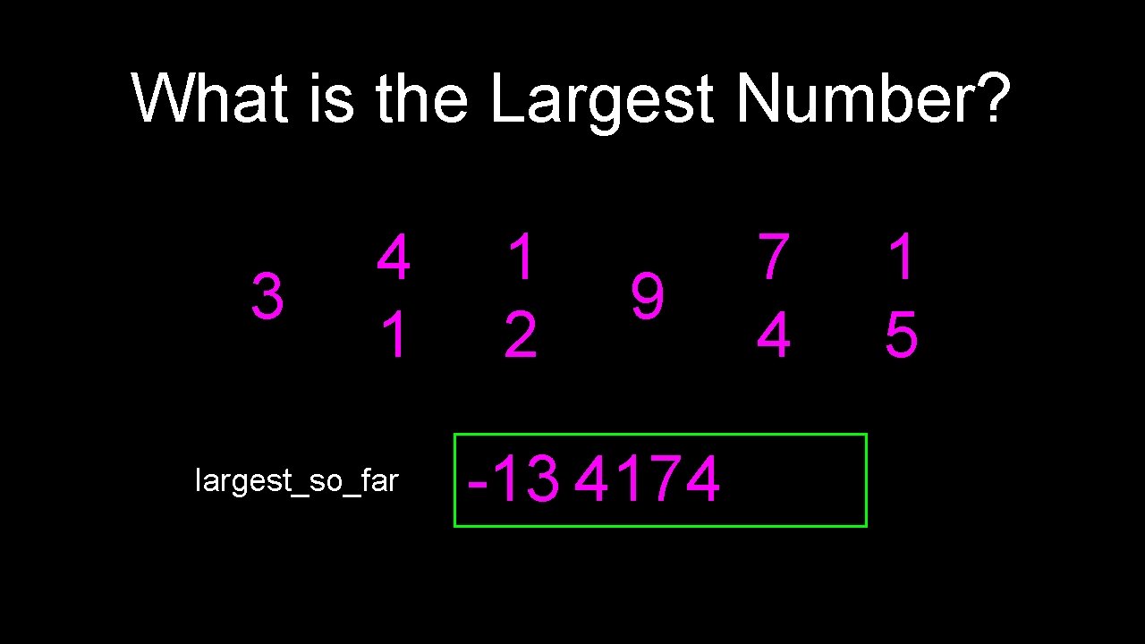 What is the Largest Number? 3 4 1 largest_so_far 1 2 9 -13 4174