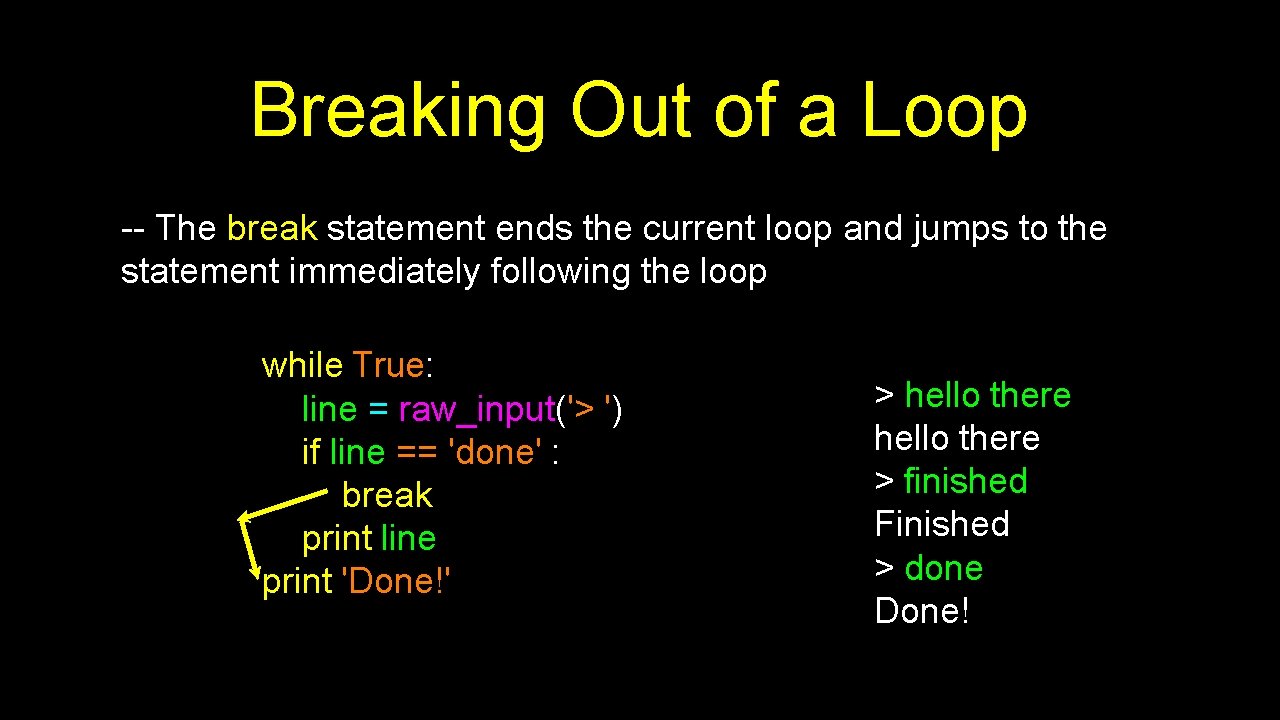 Breaking Out of a Loop -- The break statement ends the current loop and