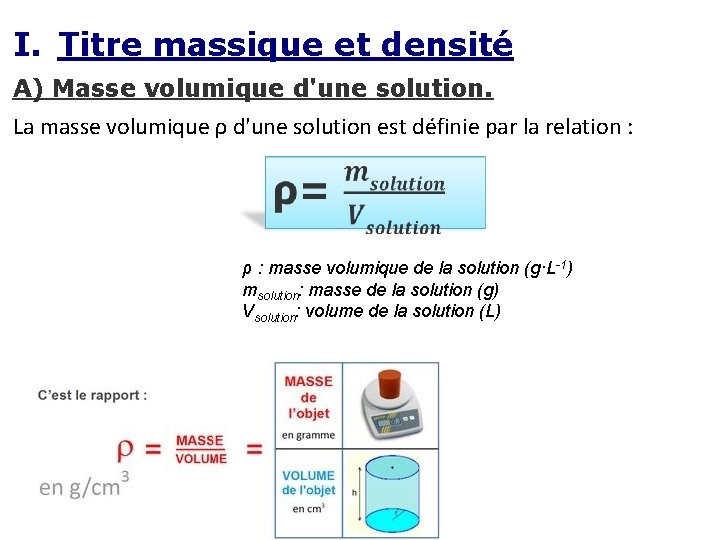 I. Titre massique et densité A) Masse volumique d'une solution. La masse volumique ρ