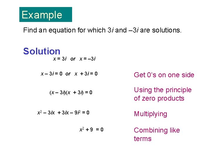 Example Find an equation for which 3 i and – 3 i are solutions.