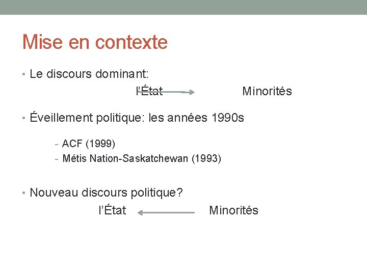 Mise en contexte • Le discours dominant: l’État Minorités • Éveillement politique: les années