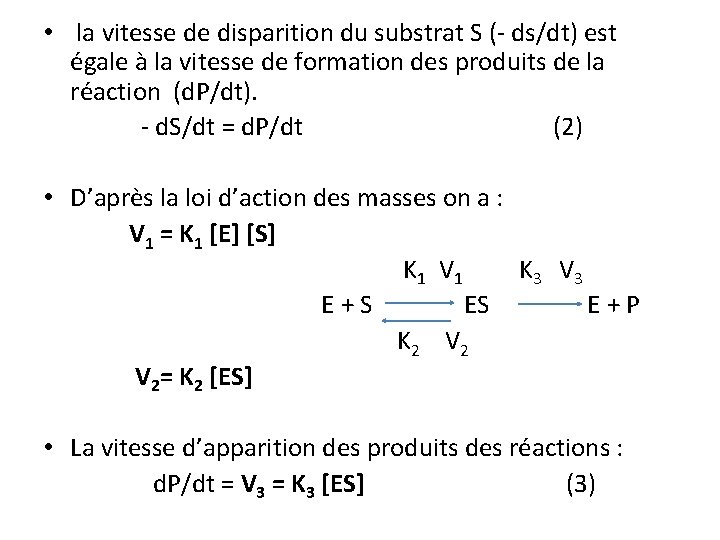  • la vitesse de disparition du substrat S (‐ ds/dt) est égale à