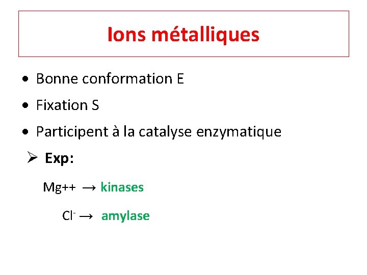 Ions métalliques Bonne conformation E Fixation S Participent à la catalyse enzymatique Ø Exp: