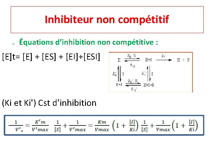 Inhibiteur non compétitif o Équations d’inhibition non compétitive : [E]t= [E] + [ES] +
