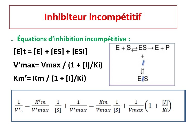 Inhibiteur incompétitif o Équations d’inhibition incompétitive : [E]t = [E] + [ESI] V’max= Vmax