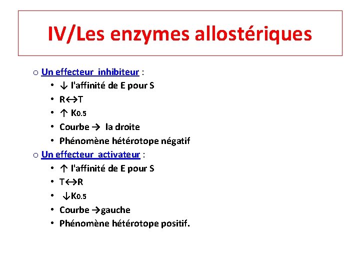 IV/Les enzymes allostériques o Un effecteur inhibiteur : • ↓ l'affinité de E pour