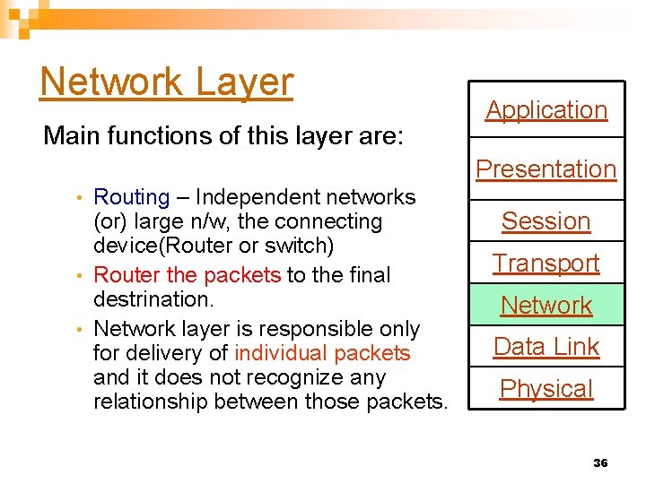Network Layer Main functions of this layer are: Application Presentation Routing – Independent networks