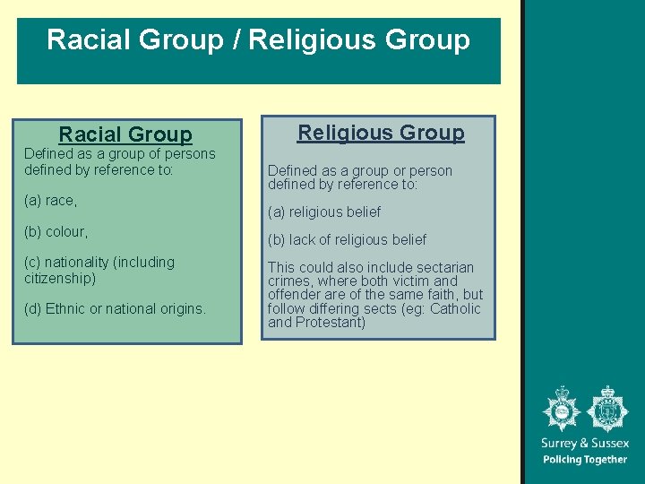 Racial Group / Religious Group Racial Group Defined as a group of persons defined