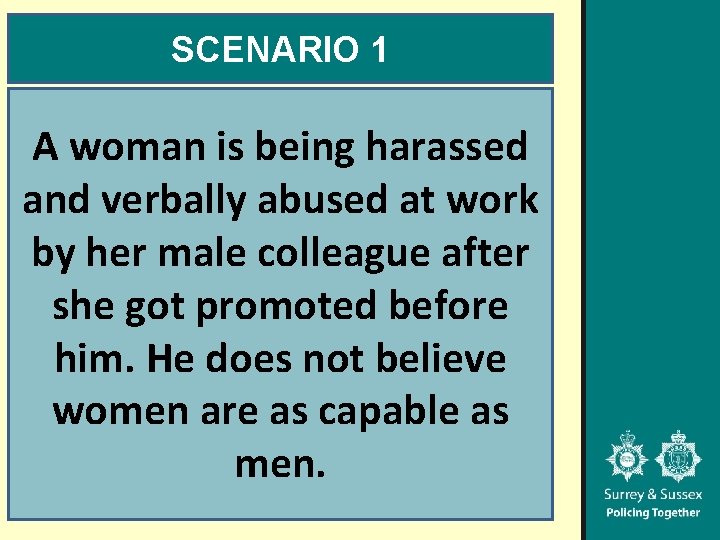 SCENARIO 1 A woman is being harassed and verbally abused at work by her