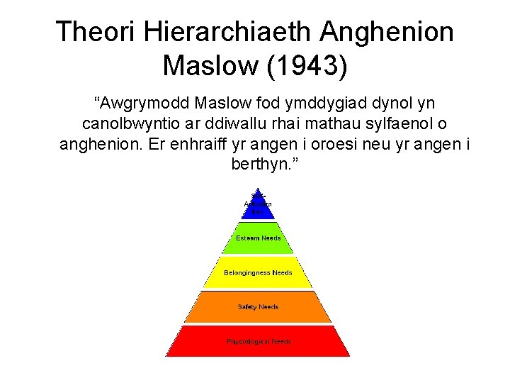 Theori Hierarchiaeth Anghenion Maslow (1943) “Awgrymodd Maslow fod ymddygiad dynol yn canolbwyntio ar ddiwallu