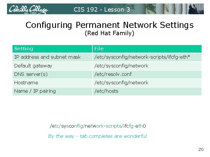 CIS 192 - Lesson 3 Configuring Permanent Network Settings (Red Hat Family) Setting File