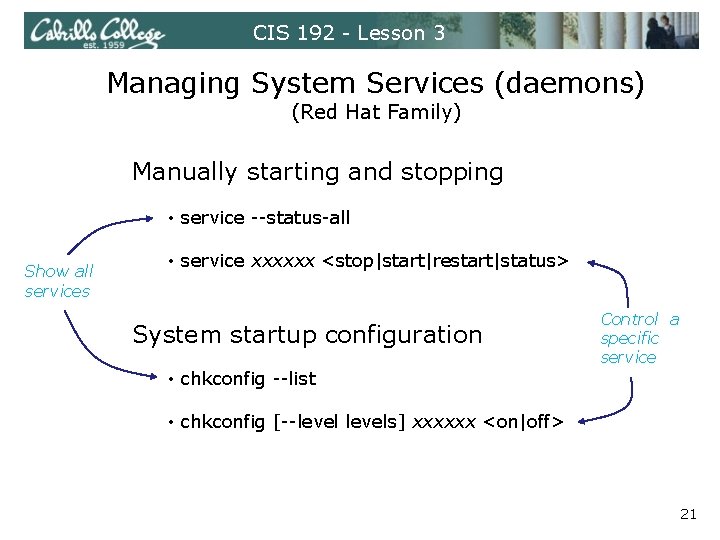 CIS 192 - Lesson 3 Managing System Services (daemons) (Red Hat Family) Manually starting