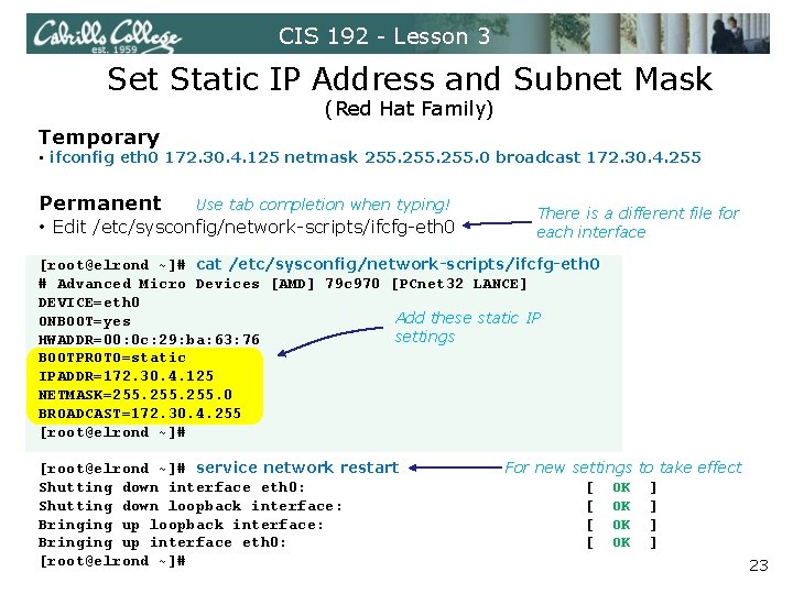 CIS 192 - Lesson 3 Set Static IP Address and Subnet Mask (Red Hat