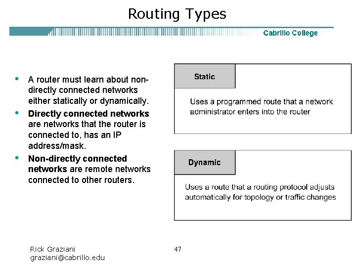 Routing Types • • • A router must learn about nondirectly connected networks either