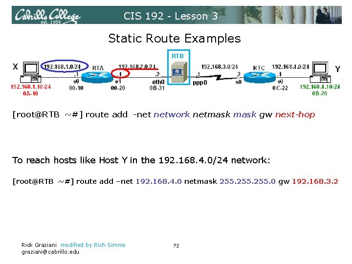 CIS 192 - Lesson 3 Static Route Examples RTB eth 0 ppp 0 [root@RTB
