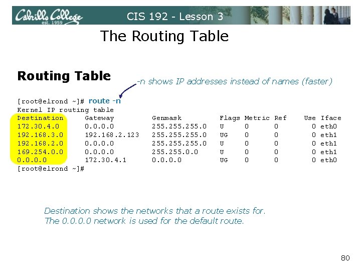 CIS 192 - Lesson 3 The Routing Table -n shows IP addresses instead of