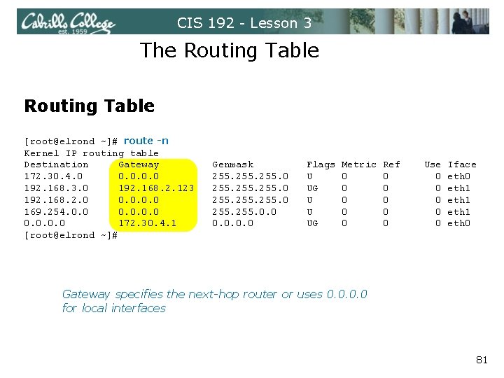 CIS 192 - Lesson 3 The Routing Table [root@elrond ~]# route -n Kernel IP