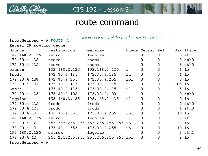 CIS 192 - Lesson 3 route command show route table cache with names [root@elrond