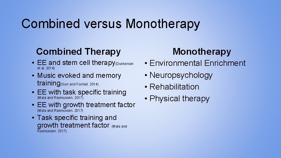 Combined versus Monotherapy Combined Therapy • EE and stem cell therapy(Dunkerson et al. 2014)