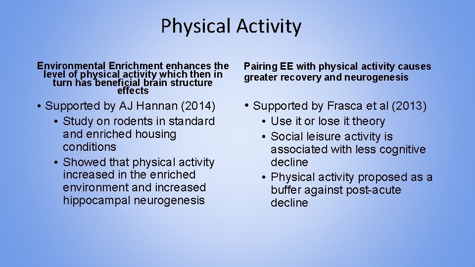 Physical Activity Environmental Enrichment enhances the level of physical activity which then in turn
