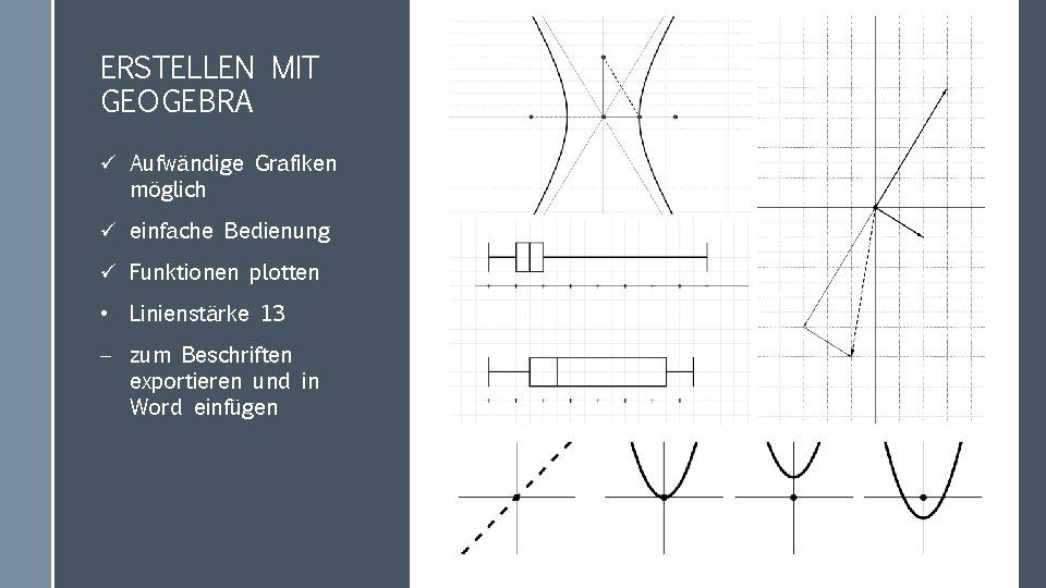 ERSTELLEN MIT GEOGEBRA ü Aufwändige Grafiken möglich ü einfache Bedienung ü Funktionen plotten •