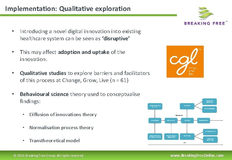 Implementation: Qualitative exploration • Introducing a novel digital innovation into existing healthcare system can