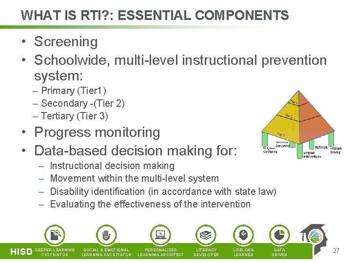 WHAT IS RTI? : ESSENTIAL COMPONENTS • Screening • Schoolwide, multi-level instructional prevention system: