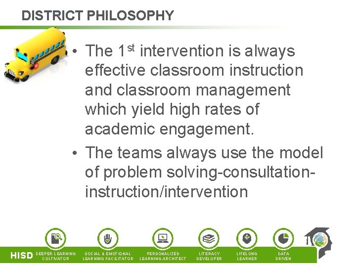 DISTRICT PHILOSOPHY • The 1 st intervention is always effective classroom instruction and classroom