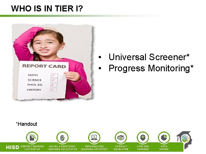 WHO IS IN TIER I? • Universal Screener* • Progress Monitoring* *Handout HISD DEEPER-LEARNING WHO IS IN TIER I? • Universal Screener* • Progress Monitoring* *Handout HISD DEEPER-LEARNING