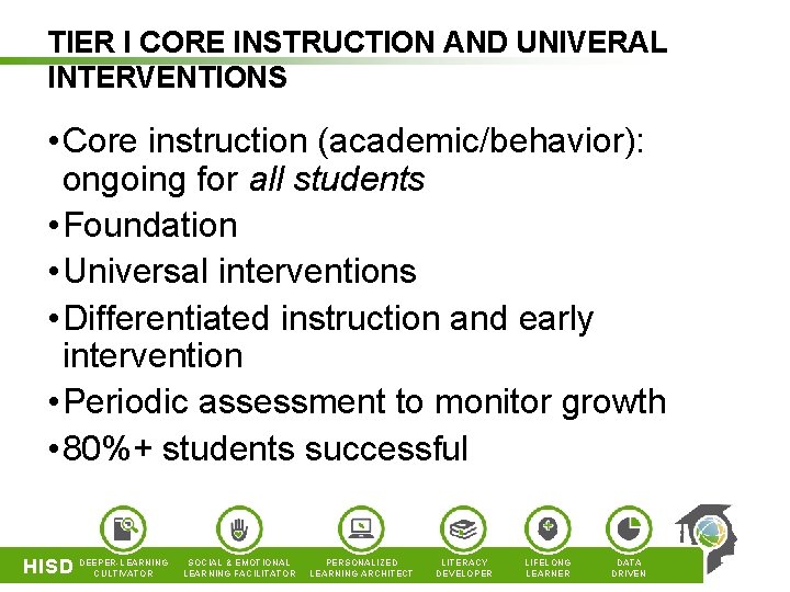 TIER I CORE INSTRUCTION AND UNIVERAL INTERVENTIONS • Core instruction (academic/behavior): ongoing for all