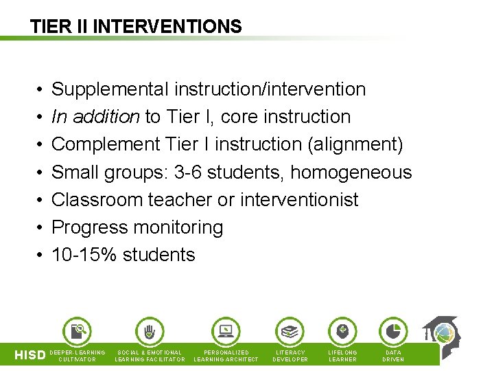 TIER II INTERVENTIONS • • Supplemental instruction/intervention In addition to Tier I, core instruction