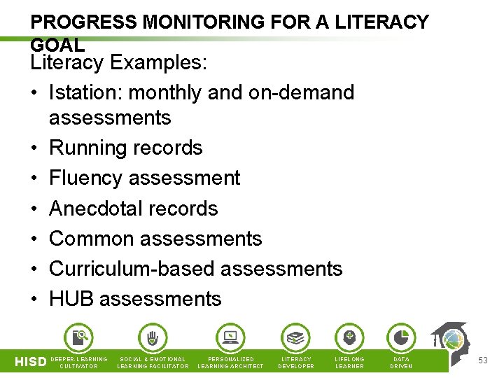 PROGRESS MONITORING FOR A LITERACY GOAL Literacy Examples: • Istation: monthly and on-demand assessments