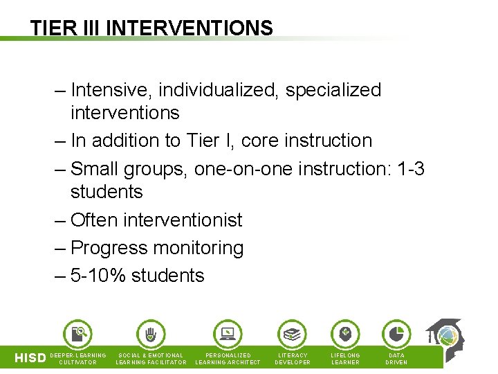 TIER III INTERVENTIONS – Intensive, individualized, specialized interventions – In addition to Tier I,