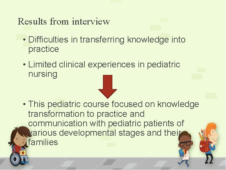 Results from interview • Difficulties in transferring knowledge into practice • Limited clinical experiences