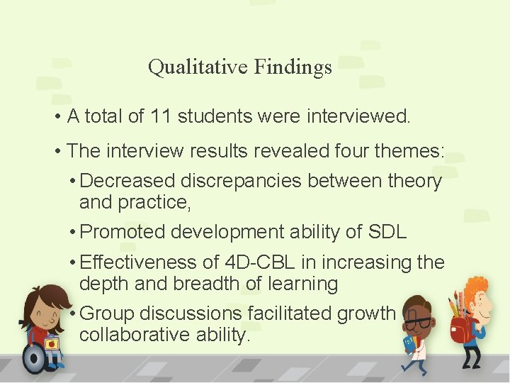 Qualitative Findings • A total of 11 students were interviewed. • The interview results
