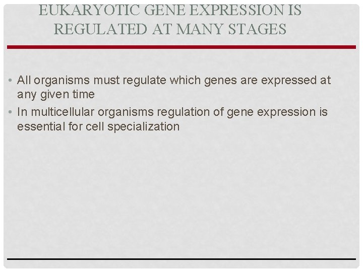 EUKARYOTIC GENE EXPRESSION IS REGULATED AT MANY STAGES • All organisms must regulate which