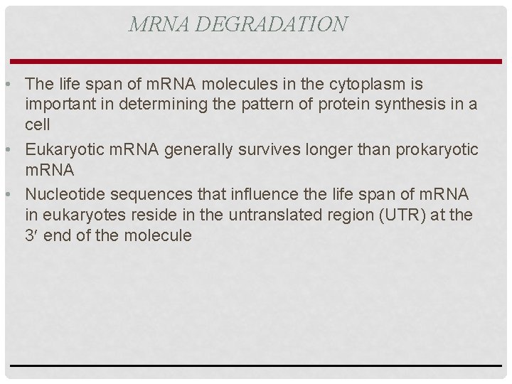 MRNA DEGRADATION • The life span of m. RNA molecules in the cytoplasm is