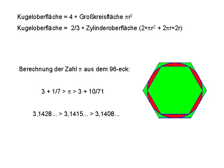 Kugeloberfläche = 4 * Großkreisfläche pr 2 Kugeloberfläche = 2/3 * Zylinderoberfläche (2*pr 2