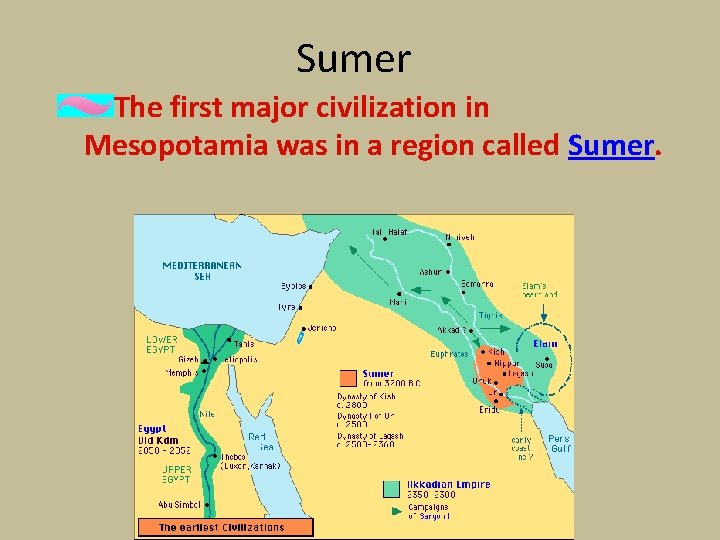 Sumer The first major civilization in Mesopotamia was in a region called Sumer. Sumer The first major civilization in Mesopotamia was in a region called Sumer.