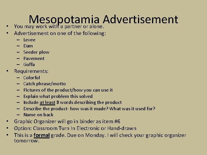 Mesopotamia Advertisement You may work with a partner or alone. • • Advertisement on Mesopotamia Advertisement You may work with a partner or alone. • • Advertisement on