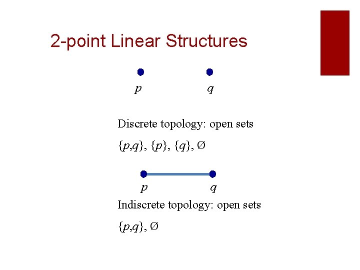 2 -point Linear Structures p q Discrete topology: open sets {p, q}, {p}, {q}, 2 -point Linear Structures p q Discrete topology: open sets {p, q}, {p}, {q},