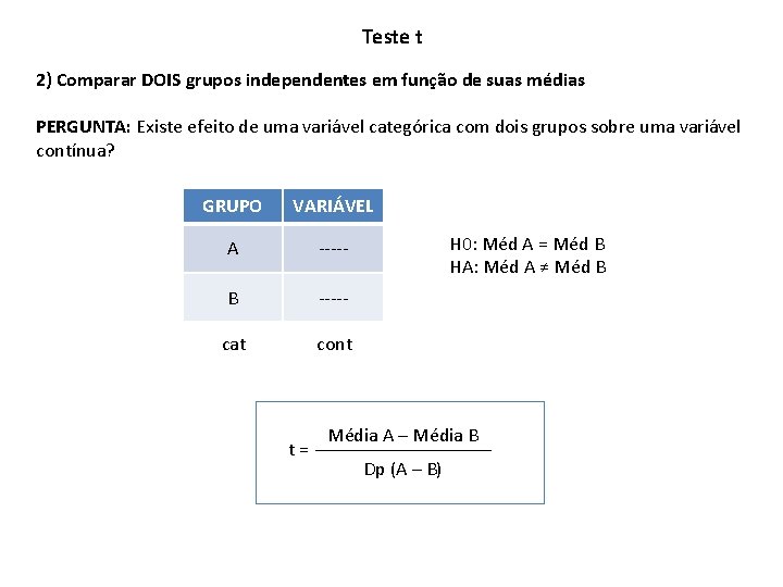 Teste t 2) Comparar DOIS grupos independentes em função de suas médias PERGUNTA: Existe