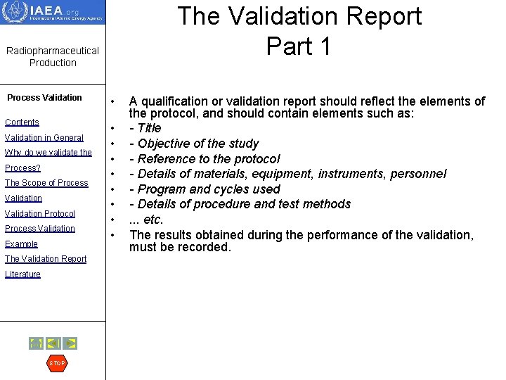The Validation Report Part 1 Radiopharmaceutical Production Process Validation • Contents • • Validation